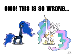 Size: 6000x4500 | Tagged: safe, artist:tim244, princess celestia, princess luna, alicorn, pony, absurd resolution, long neck, long pony, princess luneck, princess necklestia, wat