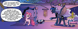 Size: 1600x605 | Tagged: safe, artist:tonyfleecs, idw, pinkie pie, princess luna, tiberius, alicorn, earth pony, pony, spoiler:comic, spoiler:comicff7, angry, cropped, duo, ethereal mane, female, frown, glare, mare, official comic, open mouth, pointing, sad, spread wings, starry mane