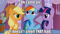 Size: 858x484 | Tagged: safe, derpibooru import, edit, edited screencap, screencap, applejack, rainbow dash, twilight sparkle, earth pony, pegasus, pony, unicorn, caption, carousel boutique, female, glare, image macro, implied farting, mare, raised hoof