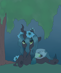 Size: 1155x1371 | Tagged: safe, artist:ponycide, queen chrysalis, changeling, changeling queen, crown, cute, cutealis, female, flower, flower in hair, jewelry, prone, regalia, solo