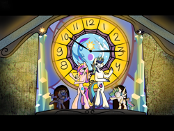 Size: 2000x1500 | Tagged: safe, artist:heedheed, princess cadance, princess celestia, princess luna, shining armor, alicorn, changeling, pony, unicorn, clock face, clock tower, dancing, frozen (movie), scene parody