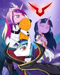 Size: 2400x3000 | Tagged: safe, artist:mlj-lucarias, princess cadance, shining armor, twilight sparkle, alicorn, pony, unicorn, c.c., code geass, crossover, crying, eyes closed, frown, geass, glare, gritted teeth, lelouch vi britannia