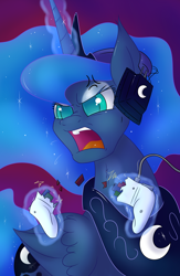 Size: 1280x1963 | Tagged: safe, artist:jorobro, princess luna, alicorn, pony, gamer luna, headphones, magic, rage, solo