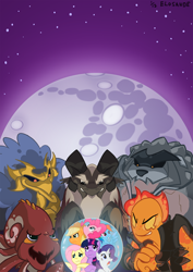 Size: 566x800 | Tagged: safe, artist:elosande, derpibooru import, applejack, arabus, crunch (character), fluttershy, grogar, lavan, pinkie pie, rainbow dash, rarity, squirk, twilight sparkle, earth pony, pegasus, pony, unicorn, the fiends from dream valley, g1, g4, antagonist, female, g1 to g4, g4 style, generation leap, hilarious in hindsight, mane six, mare, mare in the moon, moon, poster, rock hound