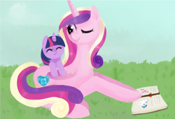 Size: 1024x699 | Tagged: safe, artist:sockl, princess cadance, shining armor, twilight sparkle, alicorn, pony, unicorn, book, filly, pointy ponies, younger