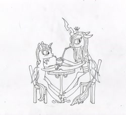 Size: 2433x2227 | Tagged: safe, artist:johndrakea, queen chrysalis, oc, oc:poisoned soul, changeling, changeling queen, changelingified, chrysalislover, monochrome, shipping, traditional art