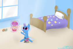 Size: 1500x1000 | Tagged: safe, artist:mikoruthehedgehog, derpibooru import, trixie, twilight sparkle, pony, unicorn, bed, blanket, colored pupils, cute, diatrixes, female, filly, glowing horn, levitation, magic, open mouth, pillow, sitting, smiling, solo, telekinesis, toy, train, window, younger