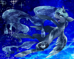 Size: 750x600 | Tagged: safe, artist:kemonomo, princess luna, alicorn, fish, pony, bubble, ethereal mane, eyelashes, female, horn, night, ocean, open mouth, pixiv, sky, solo, sparkles, spread wings, stars, underwater, water, wings