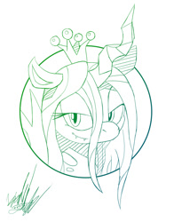 Size: 706x900 | Tagged: safe, artist:fuzon-s, queen chrysalis, changeling, changeling queen, bedroom eyes, fangs, gradient lineart, looking at you, monochrome, portrait, sketch, smiling, smirk, solo