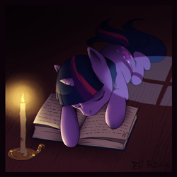 Size: 1060x1060 | Tagged: safe, artist:roslik, derpibooru import, twilight sparkle, pony, unicorn, book, candle, female, get, mare, prone, repdigit milestone, sleeping, solo