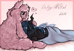 Size: 1075x742 | Tagged: safe, artist:yukomaussi, queen chrysalis, oc, oc:fluffle puff, changeling, changeling queen, canon x oc, chrysipuff, cuddling, female, hand on head, happy, head on lap, heart, lesbian, looking down, shipping, smiling