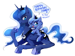 Size: 1280x956 | Tagged: safe, artist:megarexetera, princess luna, alicorn, pony, birthday, blushing, filly, happy, looking at you, open mouth, self ponidox, simple background, white background, wink, woona