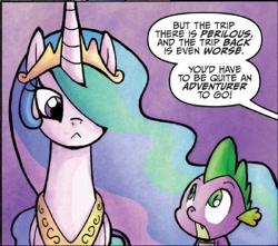 Size: 628x555 | Tagged: safe, idw, princess celestia, spike, alicorn, dragon, pony, spoiler:comic, spoiler:comicff3, :<, duo, ethereal mane, female, looking at each other, male, mare, official comic, offscreen character, panel, speech bubble