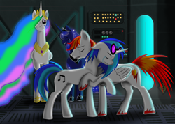 Size: 2040x1454 | Tagged: safe, artist:cloclo2388, dj pon-3, princess celestia, princess luna, vinyl scratch, oc, alicorn, pony, unicorn