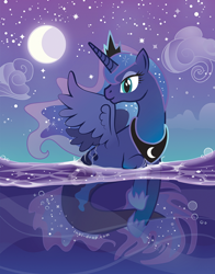 Size: 468x596 | Tagged: safe, artist:inki-drop, princess luna, merpony, moon, night, race swap, smiling, solo, water