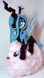 Size: 677x1181 | Tagged: safe, artist:cryptic-enigma, queen chrysalis, oc, oc:fluffle puff, changeling, changeling queen, canon x oc, chrysipuff, cute, cutealis, female, flufflebetes, irl, lesbian, photo, plushie, shipping