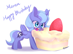 Size: 1500x1125 | Tagged: safe, artist:sion, princess luna, alicorn, pony, cake, cute, filly, happy birthday, lunabetes, simple background, solo, woona