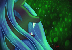 Size: 1677x1163 | Tagged: safe, artist:pshyzomancer, queen chrysalis, changeling, changeling queen, army, glow, hive, laughing