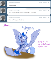 Size: 635x735 | Tagged: safe, princess luna, alicorn, pony, ask, ask celestia, card games on motorcycles, solo, tumblr