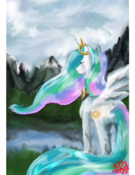 Size: 1700x2206 | Tagged: safe, artist:lotusmist, princess celestia, alicorn, pony, crown, female, horn, mare, multicolored mane, multicolored tail, solo, white coat, white wings, wings