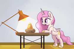 Size: 1790x1200 | Tagged: safe, artist:postscripting, philomena, princess celestia, alicorn, pony, bipedal leaning, braces, cewestia, cute, cutelestia, egg, filly, hatching, lamp, origin, solo, table, younger