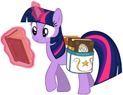 Size: 7147x5500 | Tagged: safe, artist:drfatalchunk, derpibooru import, twilight sparkle, pony, unicorn, absurd resolution, book, female, magic, mare, reading, saddle bag, simple background, smiling, solo, transparent background, walking