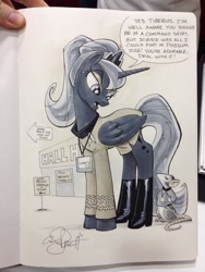 Size: 852x1136 | Tagged: safe, artist:andypriceart, princess luna, tiberius, alternate hairstyle, andy you magnificent bastard, annoyed, boots, bun, clothes, convention, cosplay, costume, frown, glare, hair bun, hall h, james t kirk, looking down, open mouth, phaser, pun, san diego comic con, shirt, speech bubble, spock, star trek, star trek (tos), starfleet, type ii phaser (tos), uniform, visual pun