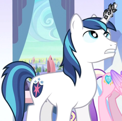 Size: 478x473 | Tagged: safe, screencap, princess cadance, shining armor, alicorn, pony, unicorn, the crystal empire, cropped, crystal empire, horn crystals