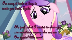 Size: 993x557 | Tagged: safe, edit, edited screencap, screencap, princess cadance, spike, alicorn, pony, bedroom eyes, caption, female, floppy ears, image macro, implications, innuendo, looking down, male, mare, perspective, shipping, smiling, spikedance, straight, text