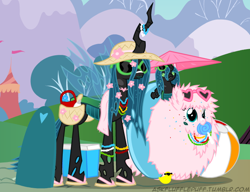 Size: 650x500 | Tagged: safe, artist:mixermike622, queen chrysalis, oc, oc:fluffle puff, changeling, changeling queen, hat, sandals, sunglasses