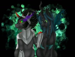 Size: 1304x1000 | Tagged: safe, artist:cnat, king sombra, queen chrysalis, changeling, changeling queen, pony, unicorn, chrysombra, couple, female, male, shipping, straight, tsundere