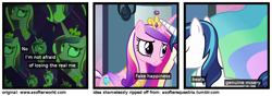 Size: 1200x420 | Tagged: safe, princess cadance, queen chrysalis, shining armor, alicorn, changeling, changeling queen, pony, unicorn, a softer world, comic, female, male, shining chrysalis, shipping, straight