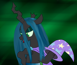 Size: 1100x930 | Tagged: safe, artist:ccortxx, queen chrysalis, trixie, changeling, changeling queen, accessory swap, the great and powerful, trixie's cape, trixie's hat