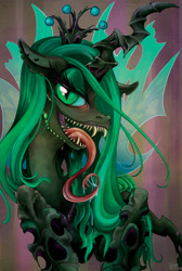 Size: 805x1200 | Tagged: safe, artist:jezebeltart, queen chrysalis, changeling, changeling queen, female, green eyes, horn, solo