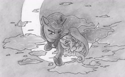 Size: 4976x3088 | Tagged: safe, artist:cross_ornstein, princess luna, oc, oc:snowdrop, alicorn, pony, crescent moon, monochrome, moon, tangible heavenly object