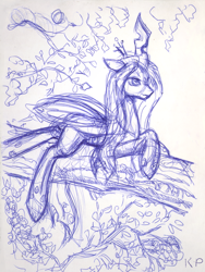 Size: 900x1200 | Tagged: safe, artist:kp-shadowsquirrel, queen chrysalis, changeling, changeling queen, ballpoint pen, female, monochrome, solo, traditional art