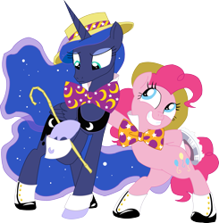 Size: 1857x1896 | Tagged: safe, artist:sketchmcreations, pinkie pie, princess luna, alicorn, earth pony, pony, friends forever, bowtie, cane, clothes, hat, pie, simple background, top hat, transparent background, vector