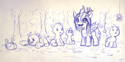 Size: 1500x750 | Tagged: safe, artist:kp-shadowsquirrel, queen chrysalis, changeling, changeling queen, mouse, nymph, spider, ballpoint pen, cheese, crying, cute, cutealis, cuteling, female, filly, foal, monochrome, traditional art, younger