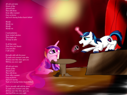 Size: 1024x768 | Tagged: safe, artist:biosonic100, princess cadance, shining armor, alicorn, pony, unicorn, inxs, lyrics, microphone, singing