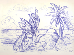 Size: 1200x900 | Tagged: safe, artist:kp-shadowsquirrel, queen chrysalis, changeling, changeling queen, ballpoint pen, female, monochrome, sketch, solo, traditional art