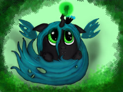 Size: 4288x3216 | Tagged: safe, artist:crimson-shield, queen chrysalis, changeling, changeling queen, nymph, curled up, cute, cutealis, fangs, looking up, magic, prone, smiling, solo, tail