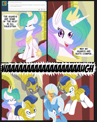 Size: 2800x3500 | Tagged: safe, artist:fauxsquared, applejack, princess celestia, trixie, alicorn, earth pony, pony, pearjack, ponies riding ponies, riding, royal guard, trixie is magic, tumblr, tumblr:it's always sunny in canterlot