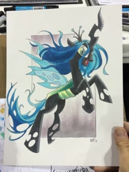 Size: 768x1024 | Tagged: safe, artist:tonyfleecs, queen chrysalis, changeling, changeling queen, female, horn, solo, traditional art