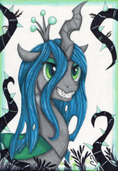 Size: 1024x1483 | Tagged: safe, artist:sparklyon3, queen chrysalis, changeling, changeling queen, black vine, female, grin, portrait, rcf community, smiling, solo, traditional art
