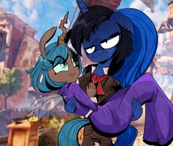 Size: 1280x1079 | Tagged: safe, artist:jokerpony, princess luna, queen chrysalis, anthro, changeling, changeling queen, ask teen chrysalis, :3, bioshock infinite, booker dewitt, bridal carry, clothes, elizabeth