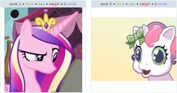 Size: 521x274 | Tagged: safe, princess cadance, sweetie belle, alicorn, pony, g3.5, g4, exploitable meme, juxtaposition, juxtaposition win