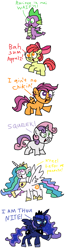 Size: 1000x3821 | Tagged: safe, artist:aleximusprime, apple bloom, princess celestia, princess luna, scootaloo, spike, sweetie belle, alicorn, dragon, earth pony, pegasus, pony, unicorn, accent, april fools, buy some apples, derp, female, filly, flanderization, i am the night, mare, squeaky belle, waifu, ye olde butcherede englishe