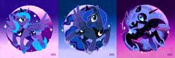 Size: 1024x342 | Tagged: safe, artist:suikuzu, nightmare moon, princess luna, alicorn, pony, lunar trinity, s1 luna