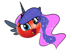 Size: 1280x1006 | Tagged: safe, artist:darkflame75, princess luna, looking at you, lunadoodle, objectification, open mouth, smiling, solo, spread wings, tomato, wat, wet