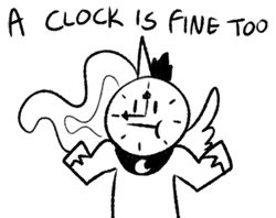 Size: 300x238 | Tagged: safe, artist:egophiliac, princess luna, alicorn, pony, :t, a cat is fine too, clock, meme, monochrome, shrug, shrugpony, solo